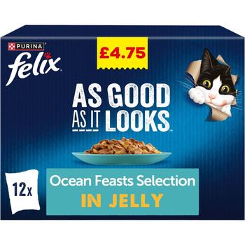 PURINA FELIX AS GOOD AS IT LOOKS OCEAN FEAST SELECTION IN JELLY 12 POUCHES (PM £4.75)