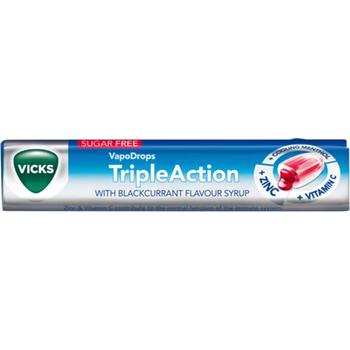 VICKS VAPODROPS TRIPLE ACTION SUGAR FREE BLACKCURRANT LOZENGES (10 PIECES)