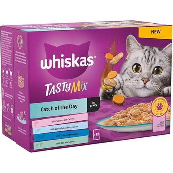 WHISKAS ADULT 1+ TASTY MIX CATCH OF THE DAY IN GRAVY CAT FOOD 12X85G