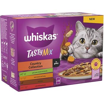 WHISKAS ADULT 1+ TASTY MIX COUNTRY COLLECTION IN GRAVY CAT FOOD 12X85G